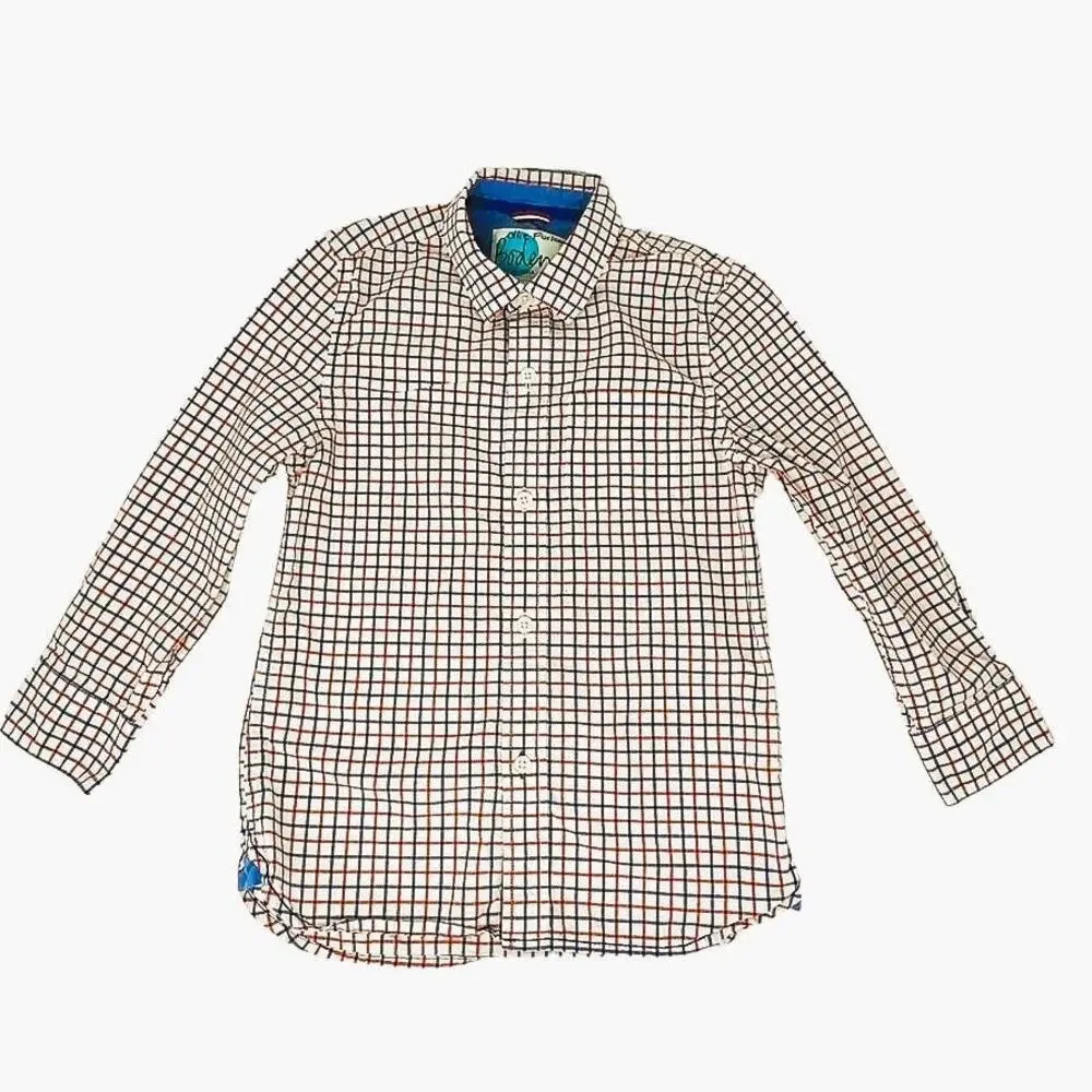 BODEN Boys Button Down Long Sleeve Red White Blue Dress Shirt ~ Size 6-7 Yrs.